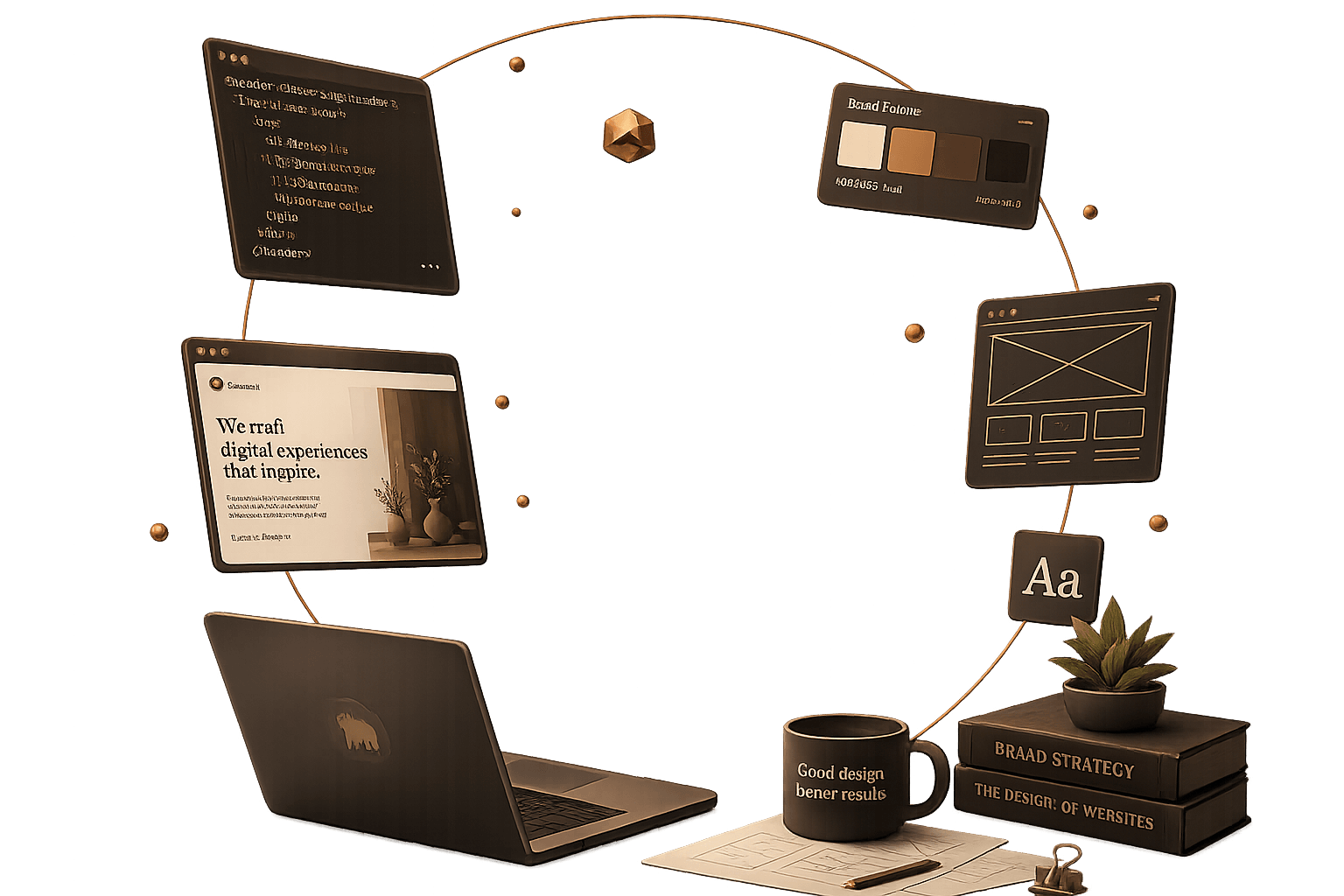 Creative workspace with floating UI cards, laptop, and design elements